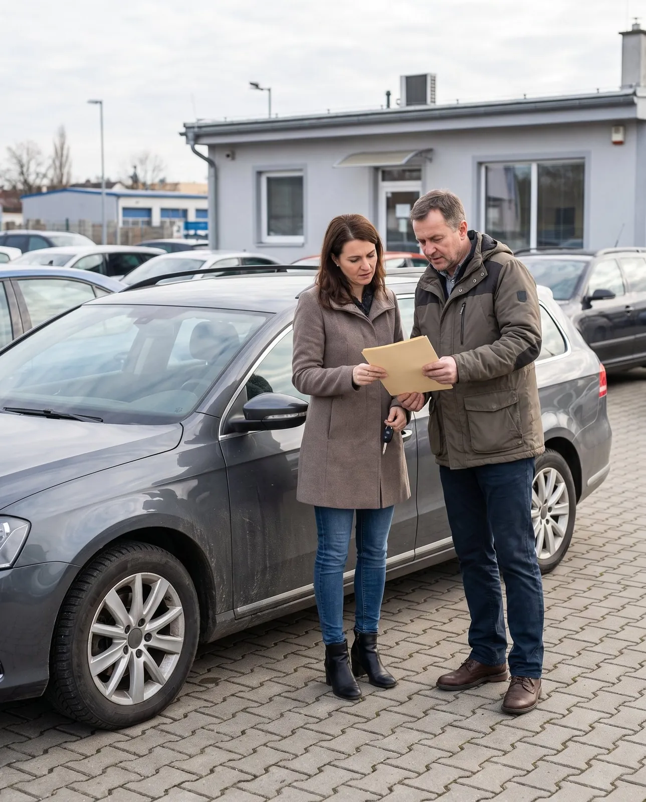 A dealer and a customer next to a car, looking at documents