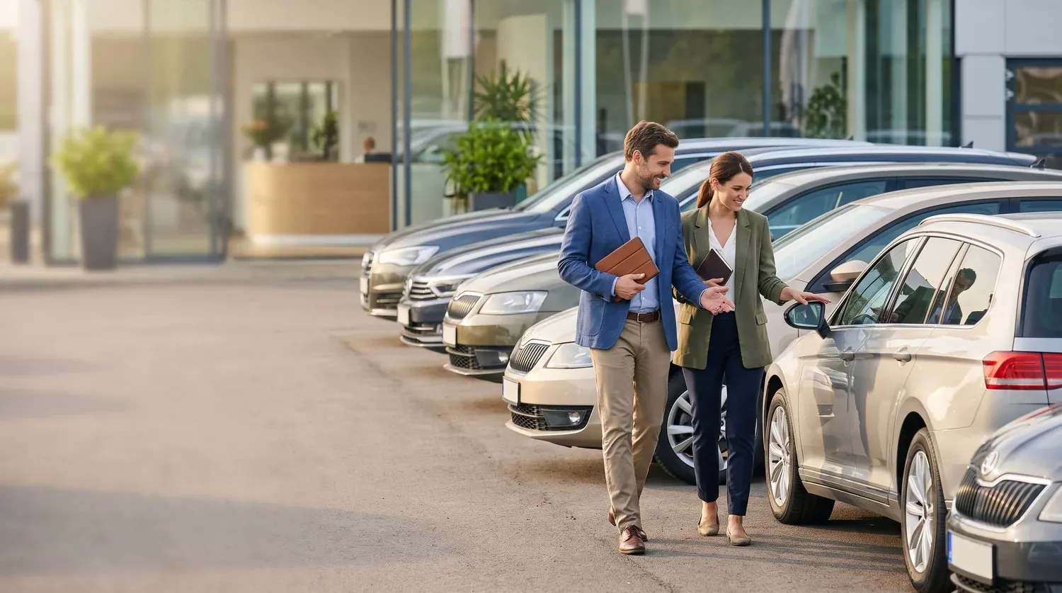 A dealer and a customer walking between cars on the lot
