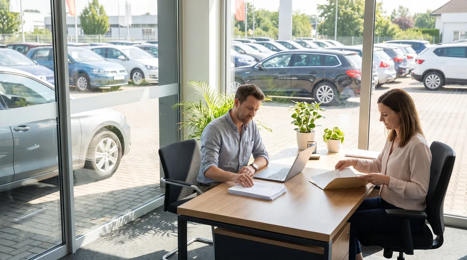 A dealer and a customer talking at a desk in a dealership office