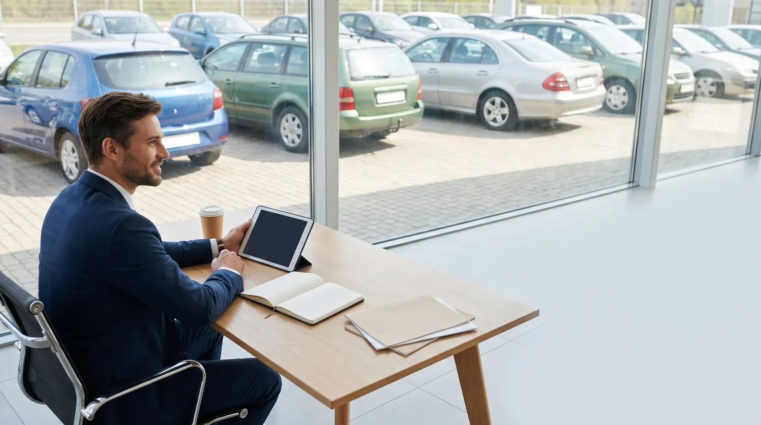 A dealer working on a laptop in a used-car lot office