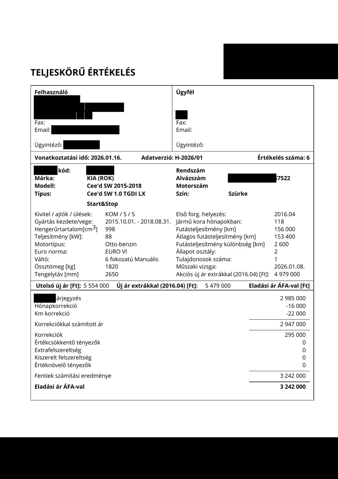 A 3. becslőcég katalógusos értékelése vételi és eladási árral, a cég azonosítói kitakarva