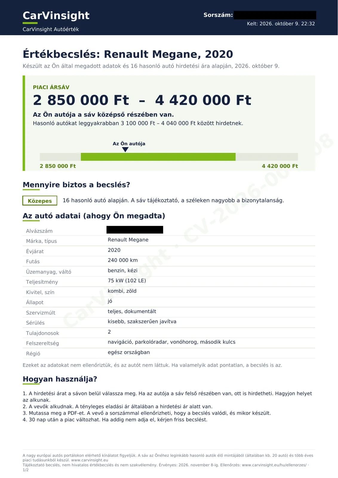 A CarVinsight Autóérték PDF első oldala, kitakart alvázszámmal és sorszámmal