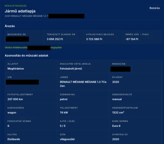 Így látja a kereskedő az appban: a Mégane adatlapja tervezett eladási árral és piaci becsléssel, kitakart azonosítókkal