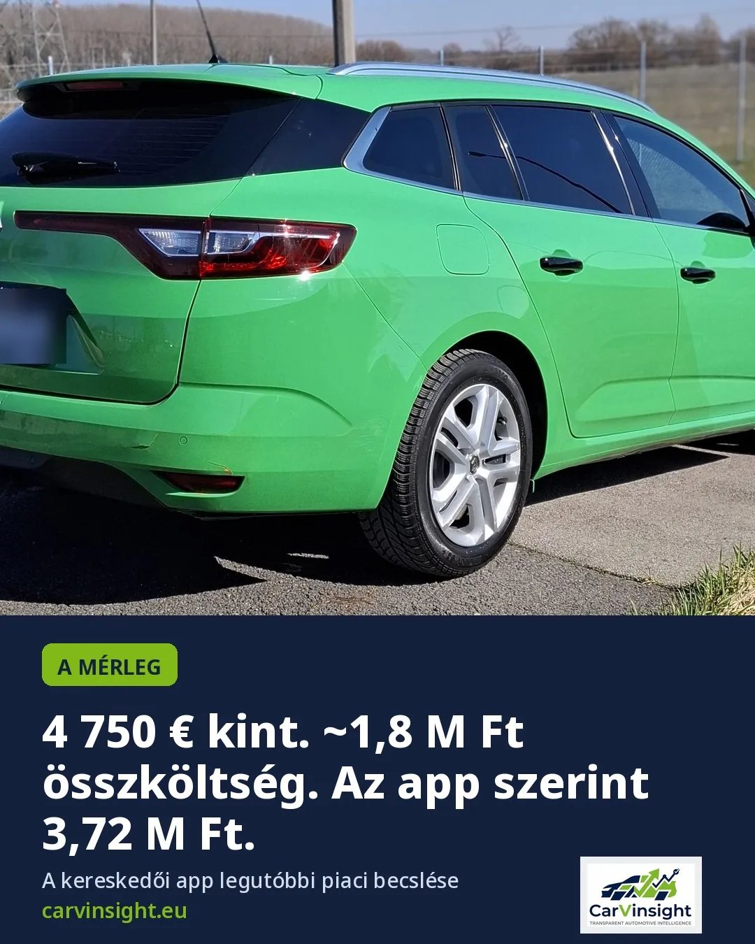 Grafika: 4 750 € kint, kb. 1,8 M Ft összköltség, az app szerint 3,72 M Ft