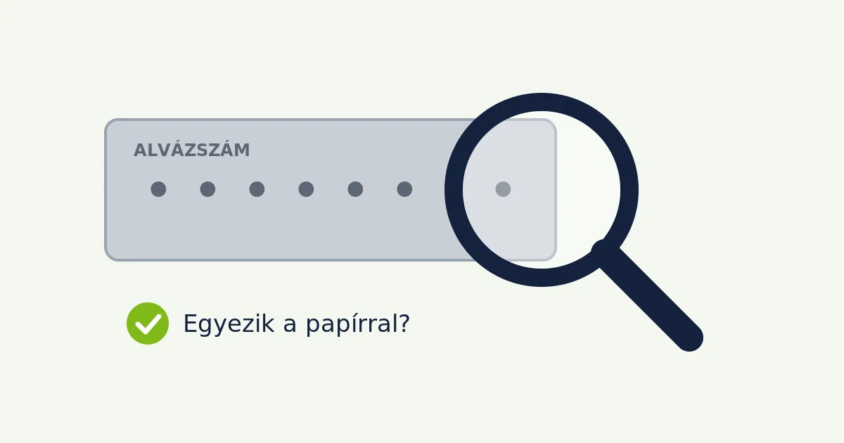 Rajz: nagyító egy alvázszám-tábla fölött, mellette a kérdés: egyezik a papírral?