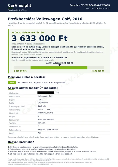 Minta CarVinsight Autóérték PDF első oldala: Volkswagen Golf 2016, piaci érték 3 633 000 Ft, piaci ársáv 3 060 000 – 4 190 000 Ft, 21 hasonló autó alapján